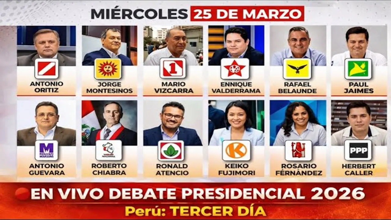 Reproducir: 🔴 EN VIVO | Debate Presidencial Perú 2026 – Tercer Día: Propuestas y Confrontación Directa