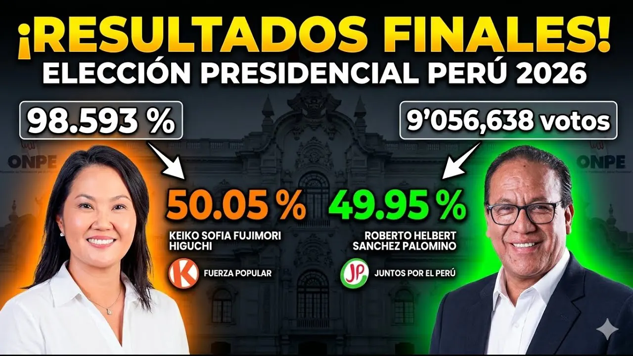 Reproducir: 🔴 EN VIVO | Resultados Oficiales ONPE 98.593% | Segunda Vuelta Elecciones Presidenciales Perú 2026