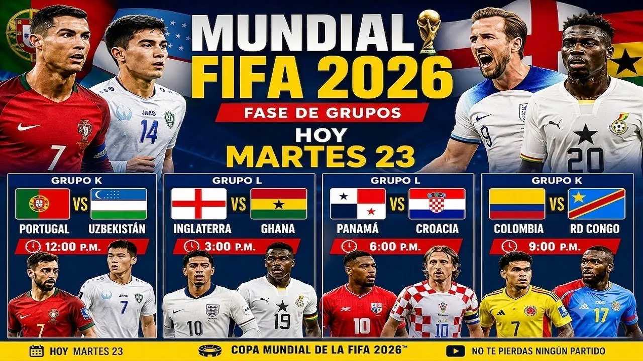 Reproducir: PORTUGAL 5-0 UZBEKISTÁN, INGLATERRA 0-0 GHANA, PANAMÁ VS. CROACIA Y COLOMBIA VS. RD CONGO